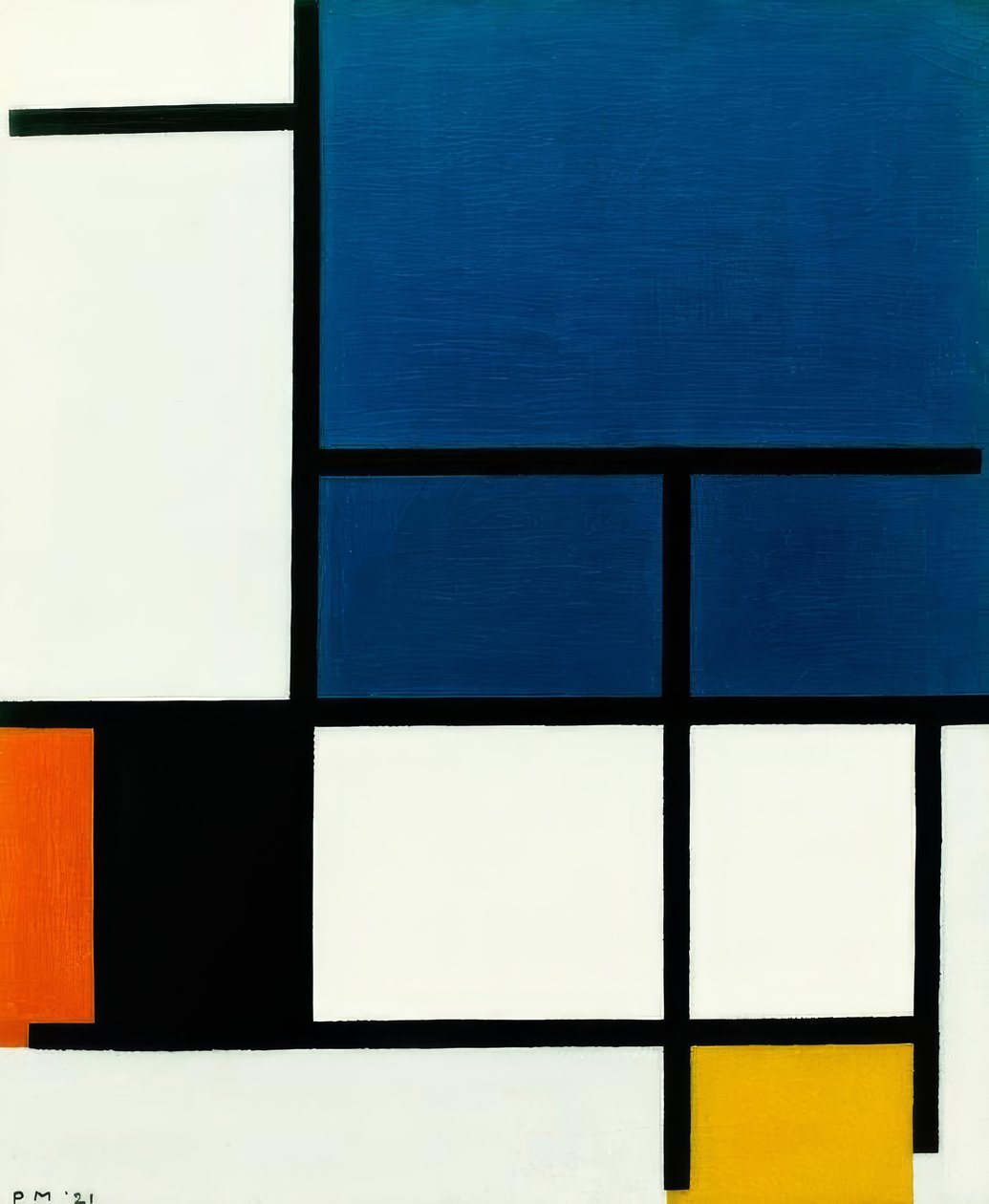 Compositie met groot blauw vlak, rood, zwart, geel en door Piet Mondrian
