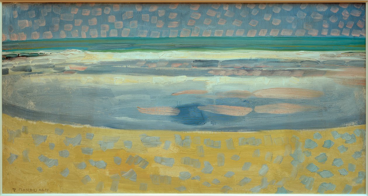 Zee bij zonsondergang door Piet Mondrian