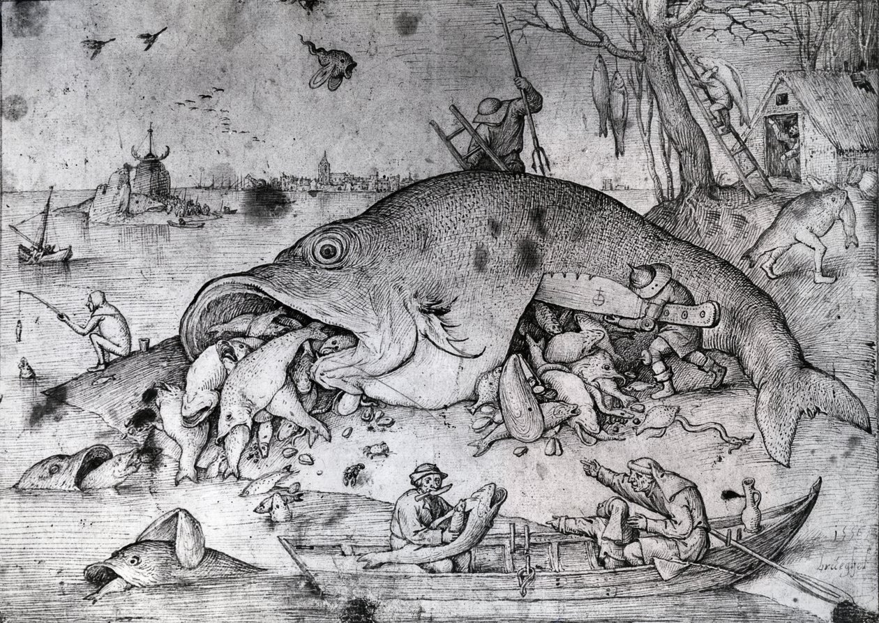 Grote vissen eten kleine vissen, 1556 door Pieter Bruegel the Elder