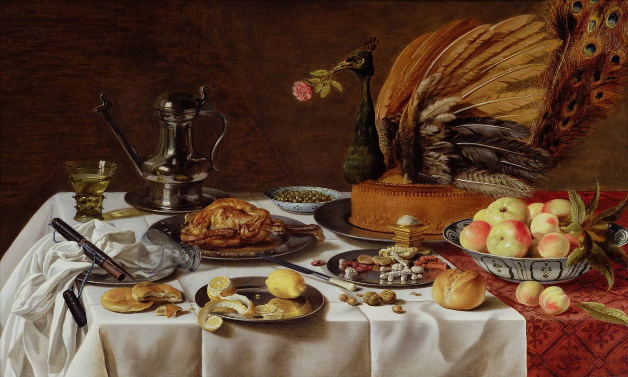 Stilleven met een Pauwentaart, 1627 door Pieter Claesz