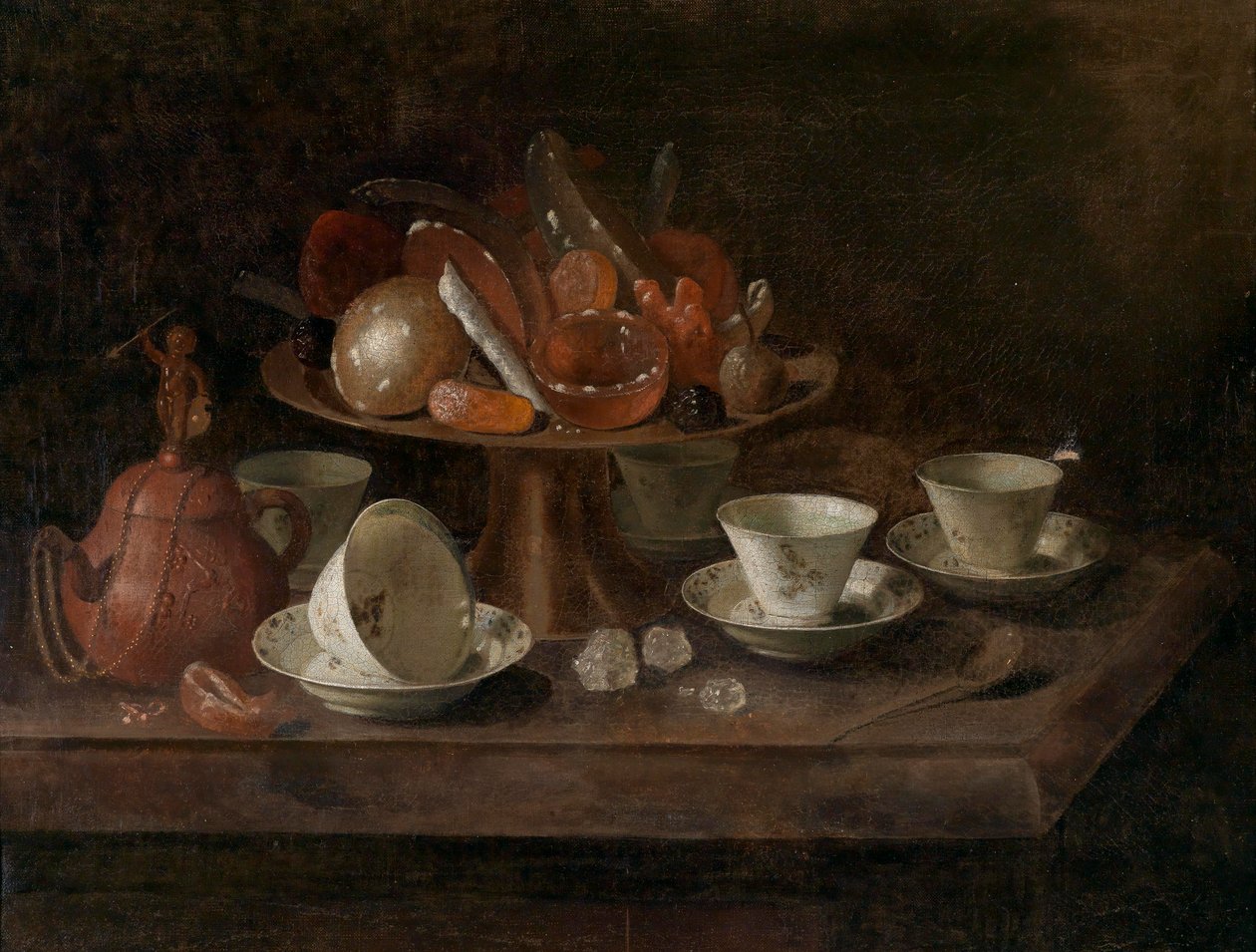 Stilleven met chocoladekoppen en een Tazza met lekkernijen door Pieter Gerritsz. van Roestraten
