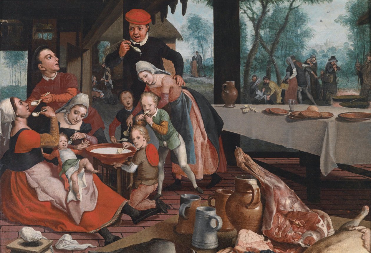 Een familie die rijstpap eet door Pieter Pietersz the Elder