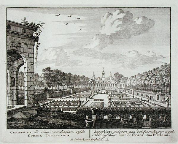 Het huis en de tuin in Sorgvliet, zetel van Hans Willem Bentinck (1649-1709), 1e Graaf van Portland, uit Admirandorum Quadruplex Spectaculum, door Jan van Call (1656-1703), gepubliceerd voor 1715 door Pieter Schenk