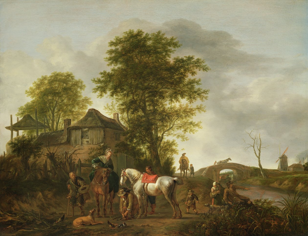 Een landschap met een huisje en ruiters door Pieter Wouwermans or Wouwerman