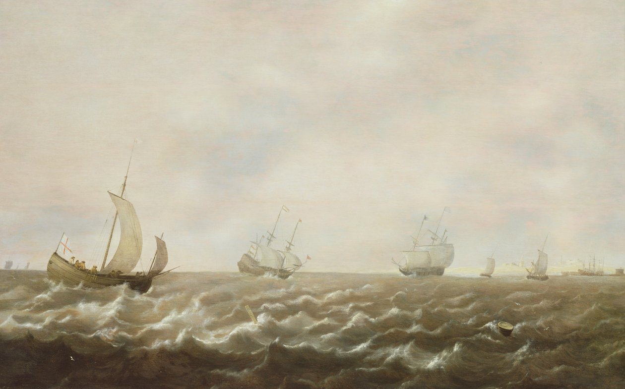 Nederlandse oorlogsschepen en andere schepen voor de kust, 17e eeuw door Pieter de Zeelander