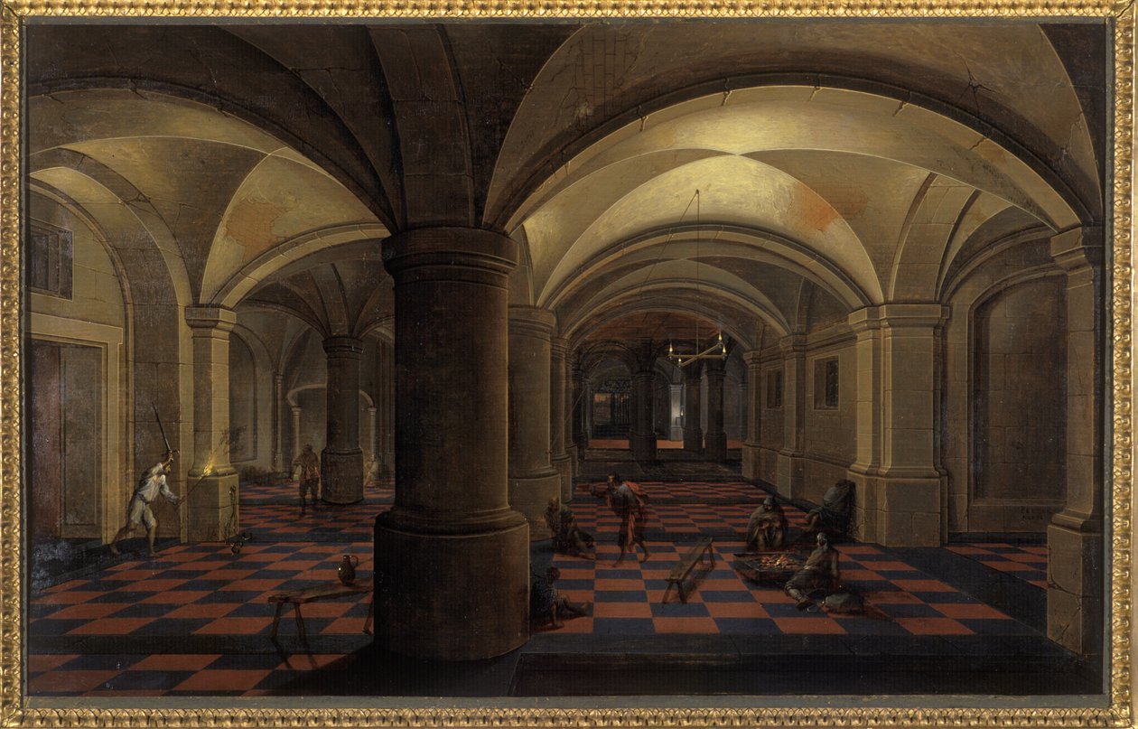 Gewelfde binnenruimte met figuren door Pieter the Elder Neeffs