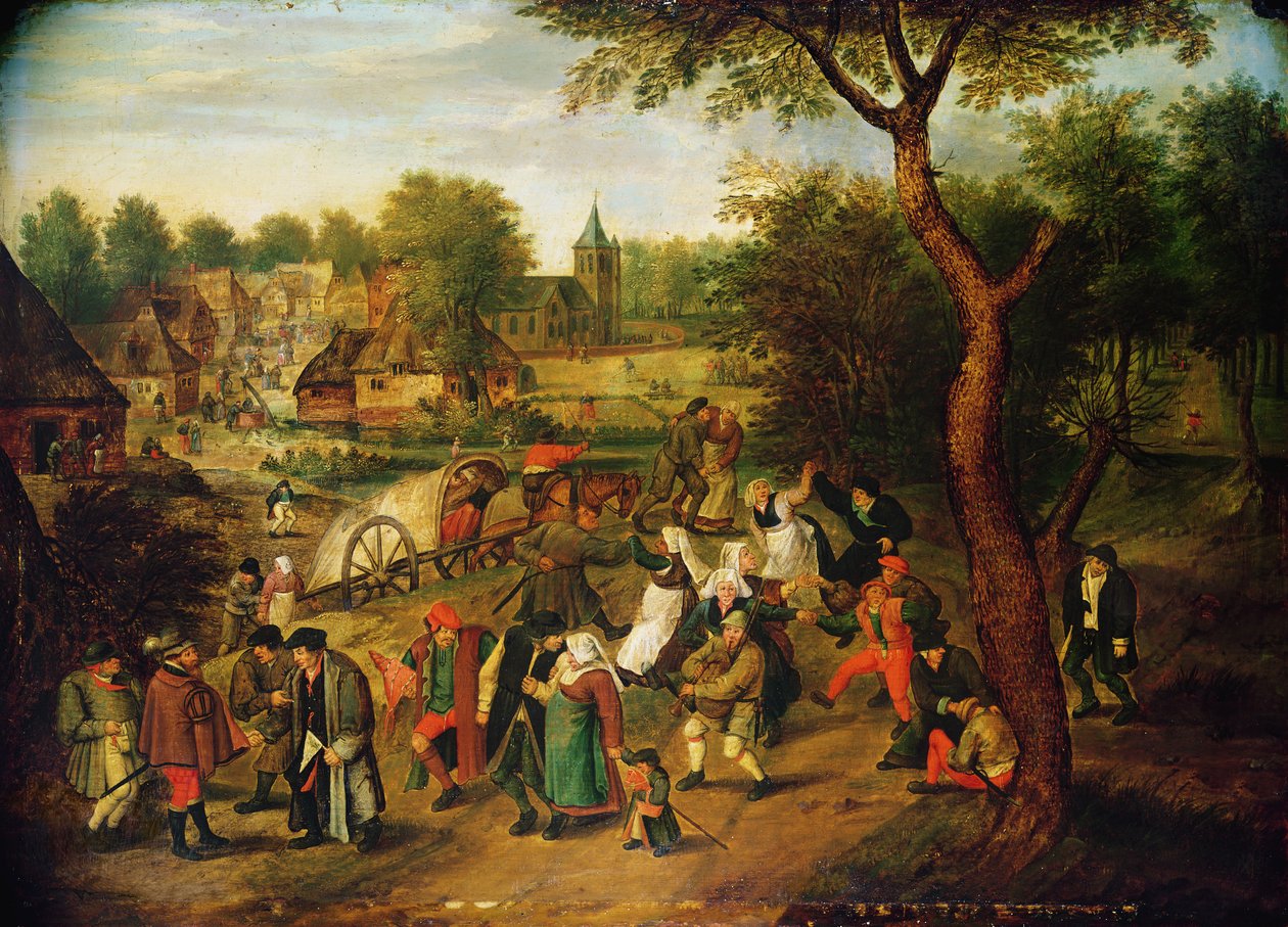 Een scène aan de rand van een dorp door Pieter Brueghel the Younger