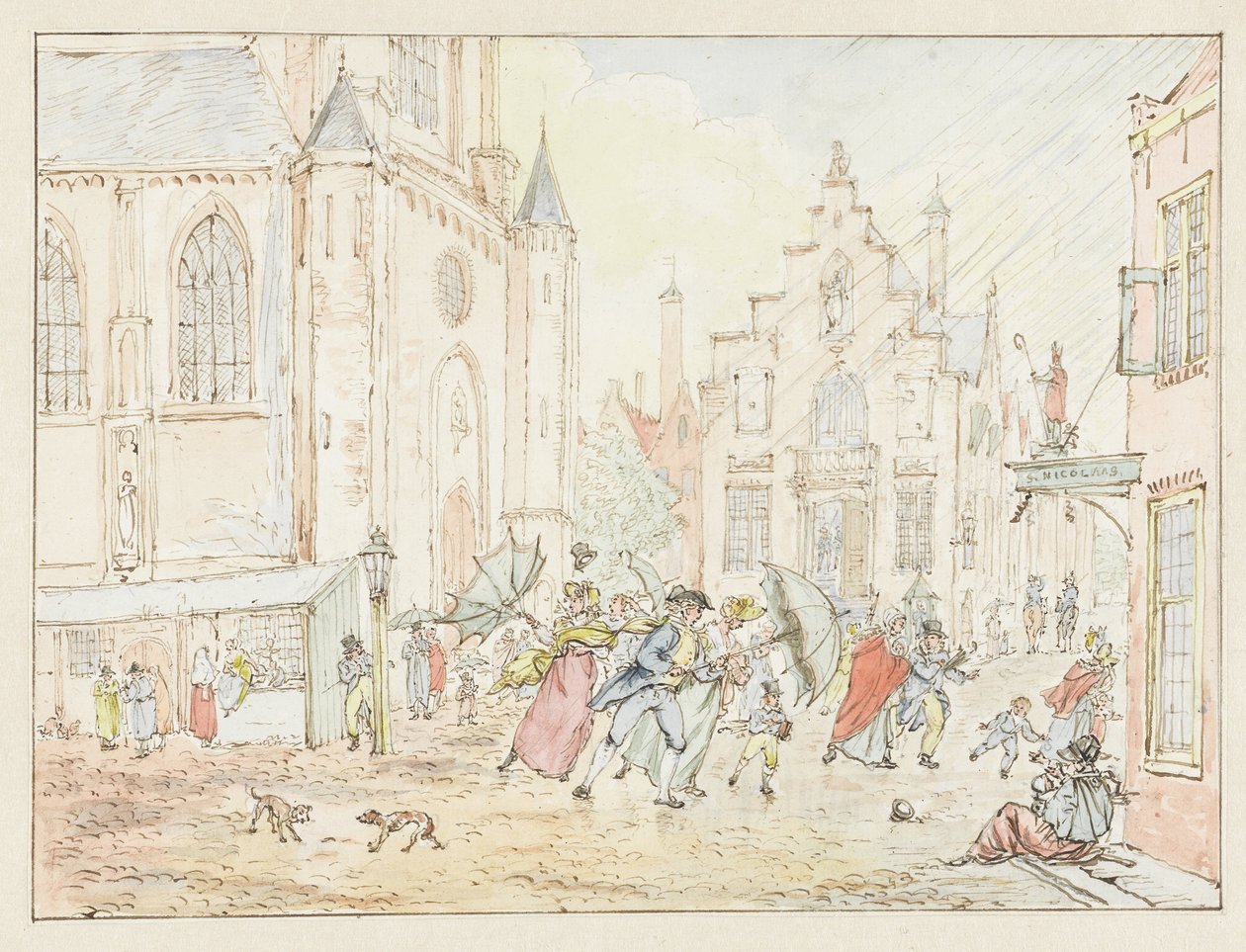 Plein met mensen in de regen door Pieter Bartholomeusz. Barbiers