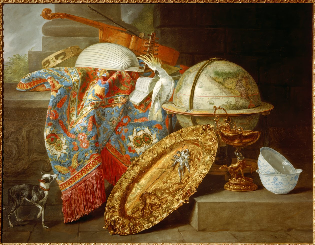 Stilleven met globe en kaketoe door Pieter or Peter Boel