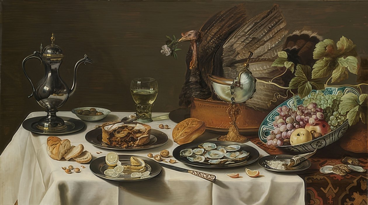 Stilleven met kalkoenpastei. 1627 door Pieter Claesz