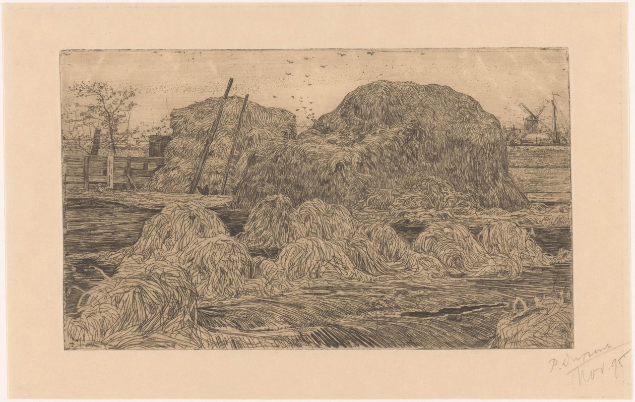 Hooibergen op een akker door Pieter Dupont (signed by artist)