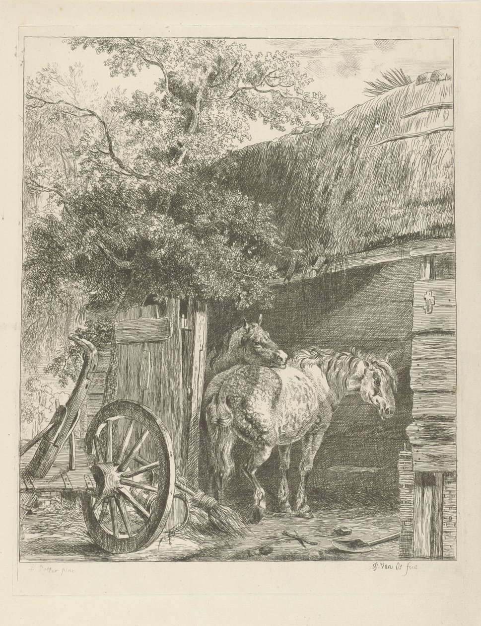 Twee paarden in een boerenschuur door Pieter Gerardus van Os