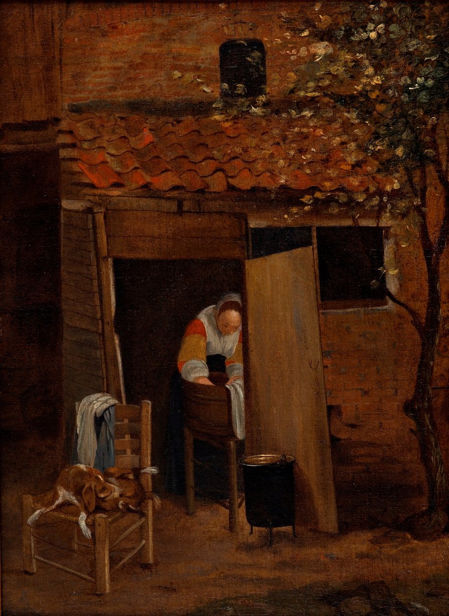 Meisje wast kleren door Pieter Hooch de