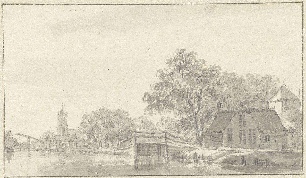 Dorpsgezicht met rivier door Pieter Jan van Liender