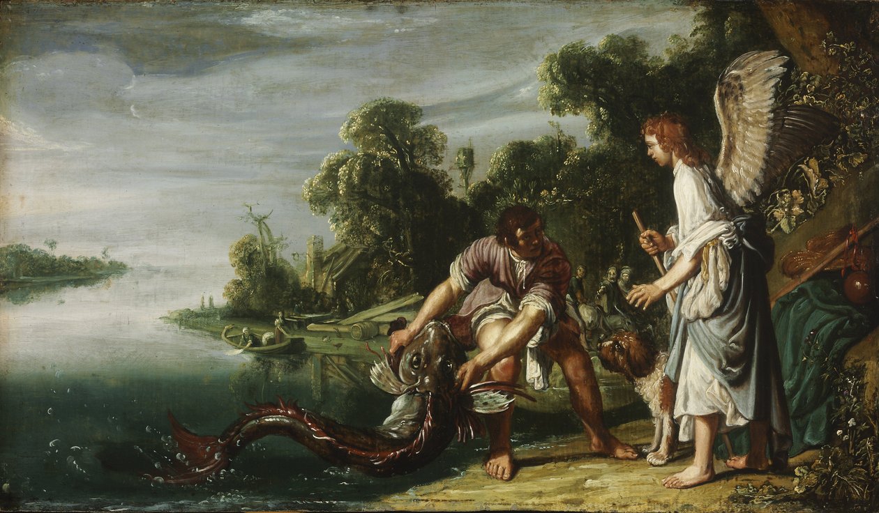 De engel en Tobias met de vis door Pieter Lastman