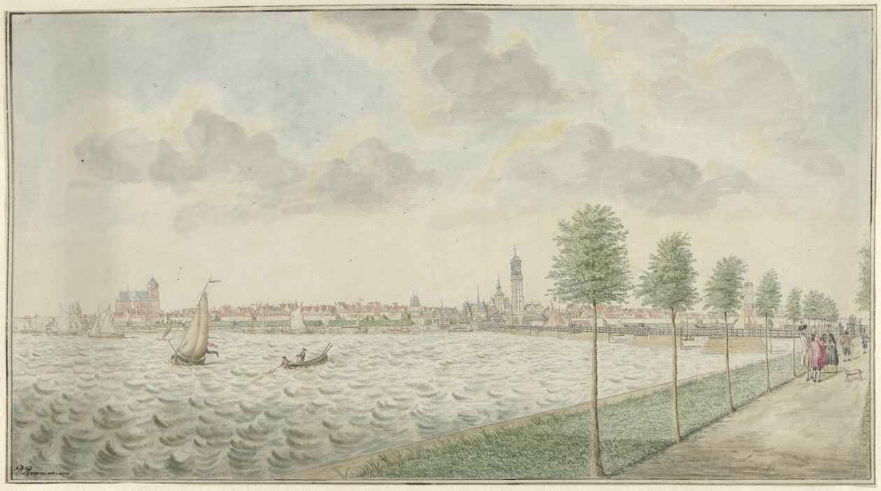 Gezicht op Kampen van de rivierzijde door Pieter Remmers