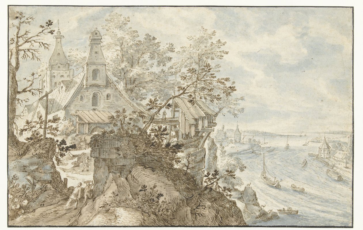Rivier met links een kapel door Pieter Stevens (I)