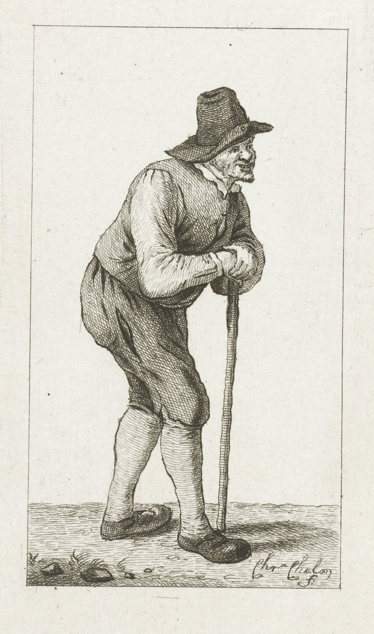 Man leunend op stok door Pieter de Mare