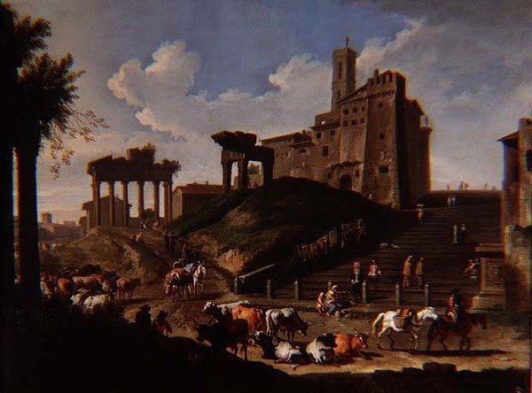 Capriccio uitzicht op het Campo Vacchino door Pieter van Bloemen