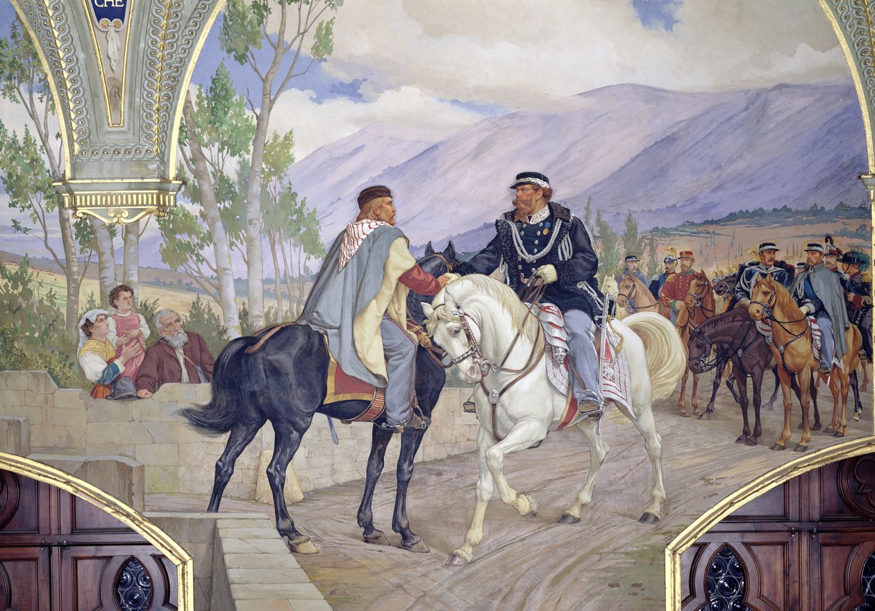 De ontmoeting tussen Giuseppe Garibaldi en koning Vittorio Emanuele II op 26 oktober 1860 in Teano, Italië, detail van de twee leiders die handen schudden (detail) door Pietro Aldi