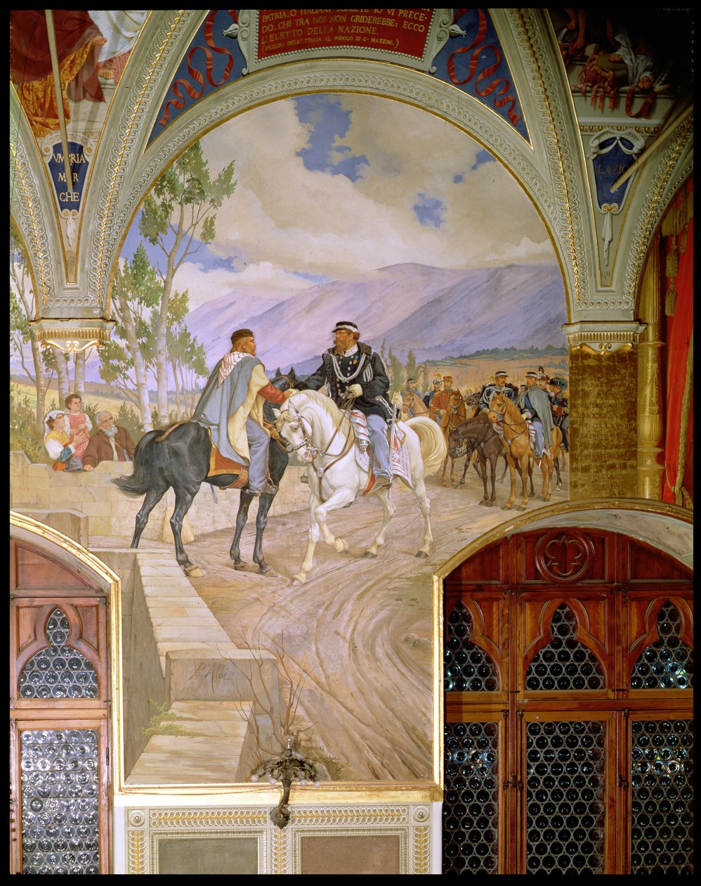 De Ontmoeting tussen Giuseppe Garibaldi (1807-82) en Koning Vittorio Emmanuele II (1820-78) op 26 oktober 1860 in Teano, Italië, 1886 door Pietro Aldi