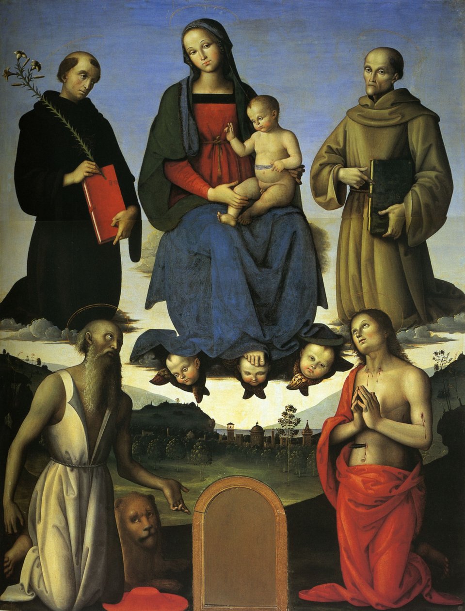 Pala Tezi (Maagd met Kind, Sint Nicolaas van Tolentino en Sint Bernardinus van Siena) door Pietro Perugino