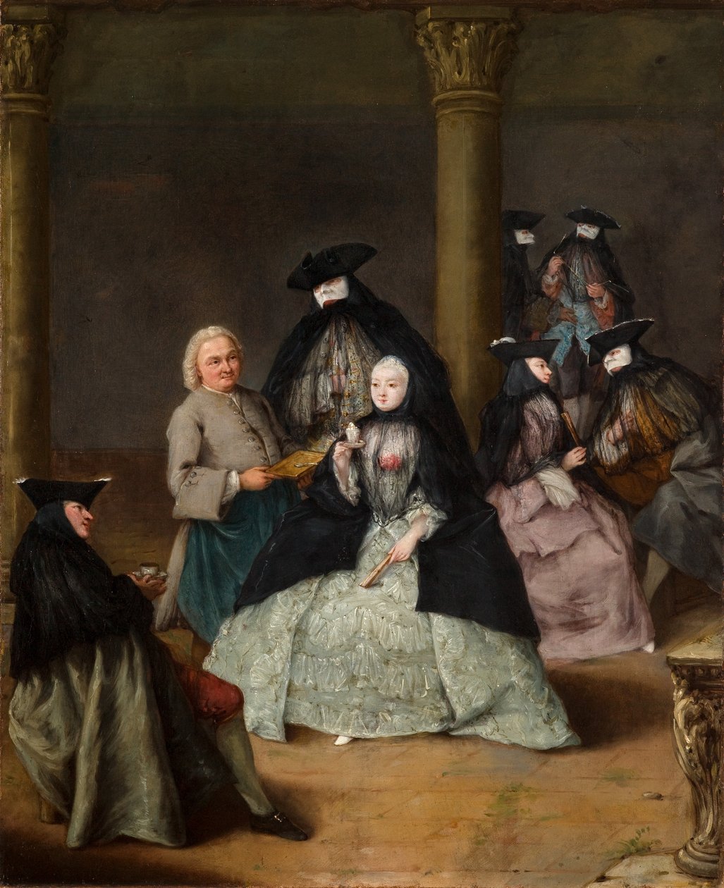 Gemaskerd feest op een binnenplaats door Pietro Longhi