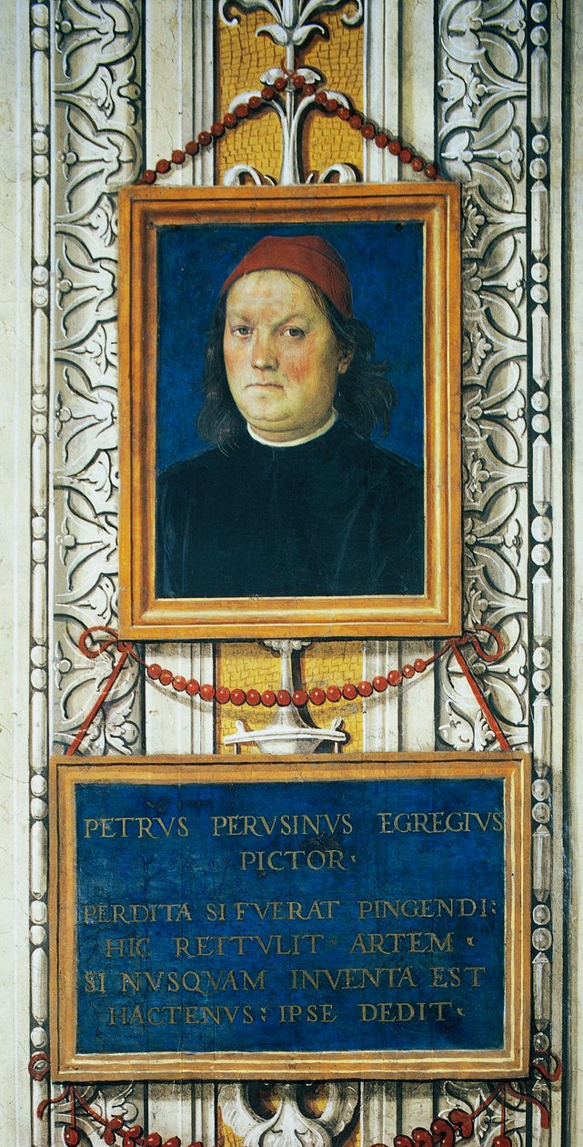 Zelfportret en titelblok door Pietro Perugino