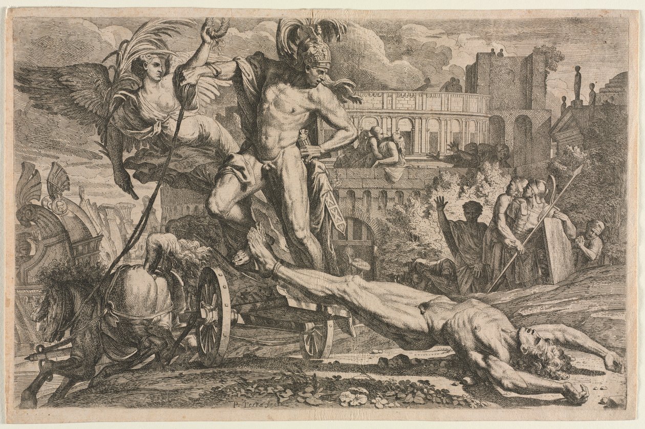 Achilles sleept het lichaam van Hector door Pietro Testa