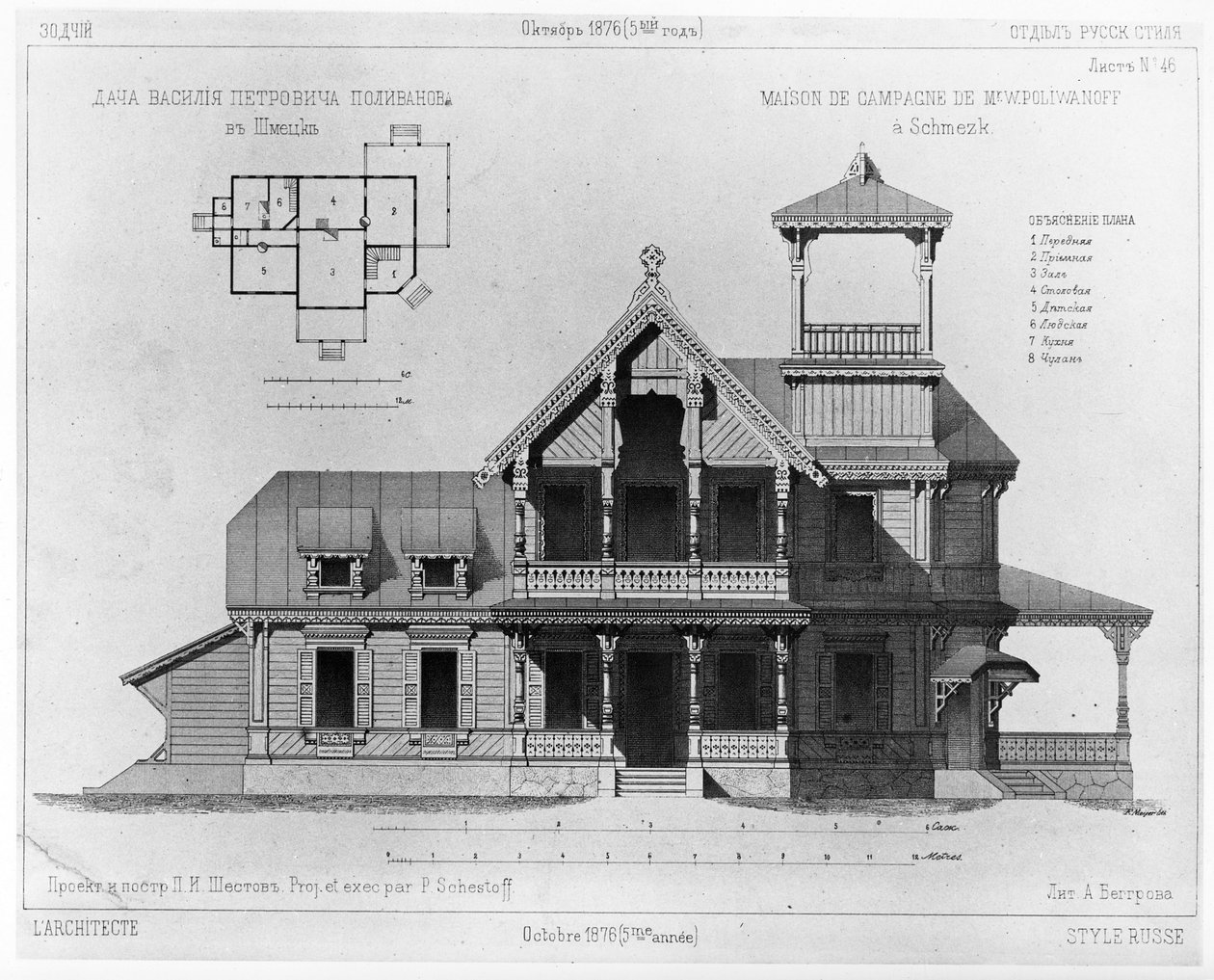 Ontwerp voor Polivanovs landhuis in Shmetsk, 1876 door Piotr Shestov