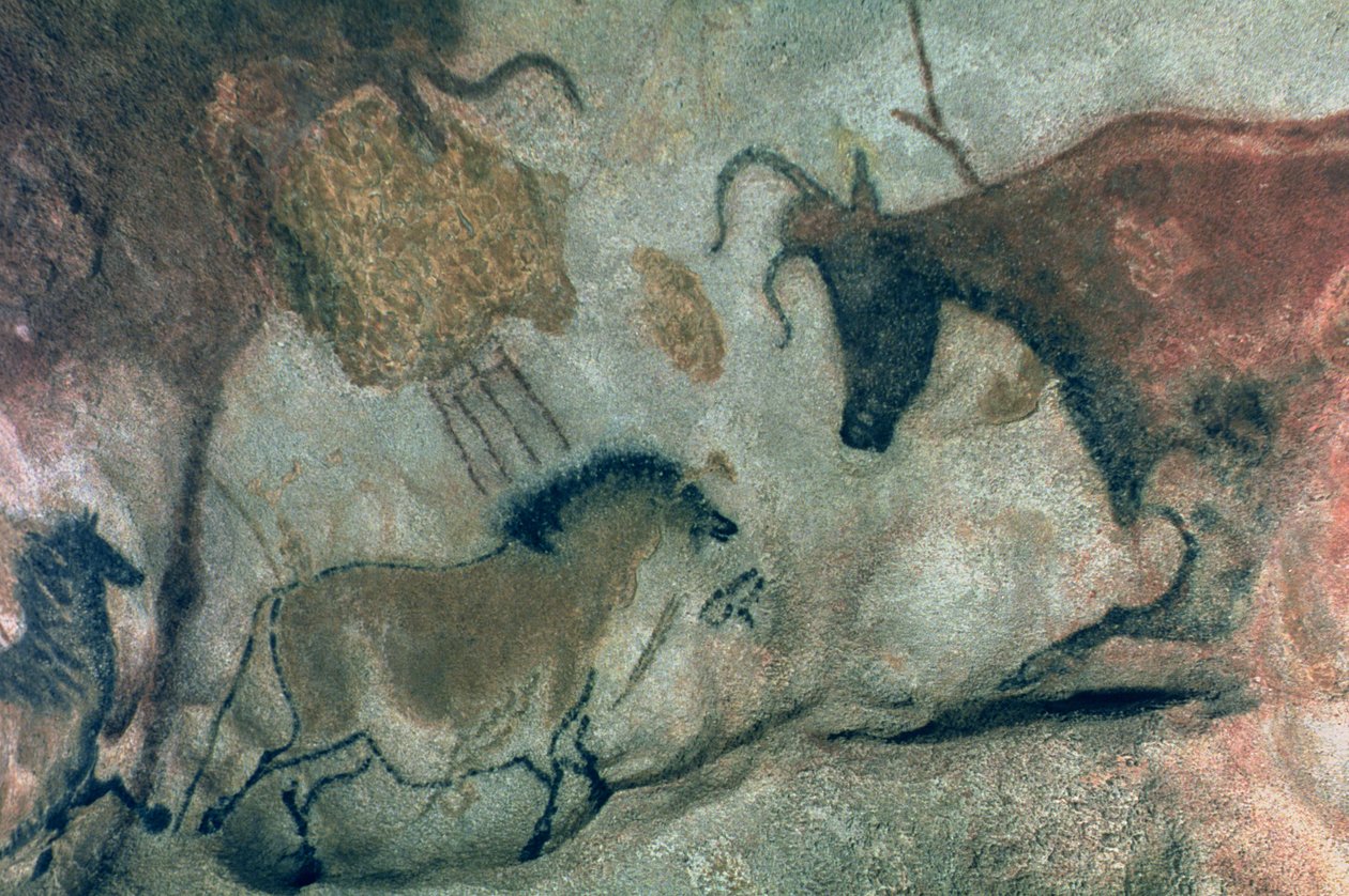 Rotsschildering met een paard en een koe, c.17000 v.Chr. door Prehistoric