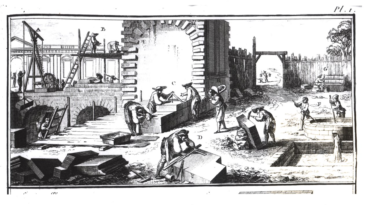 Steenhouwers aan het werk, gegraveerd door Lucotte door Abbé Prévost
