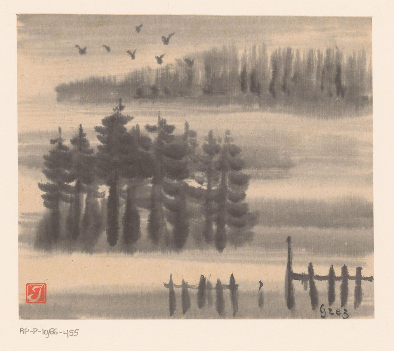 Vogels boven boslandschap door Prosper Alphonse Isaac