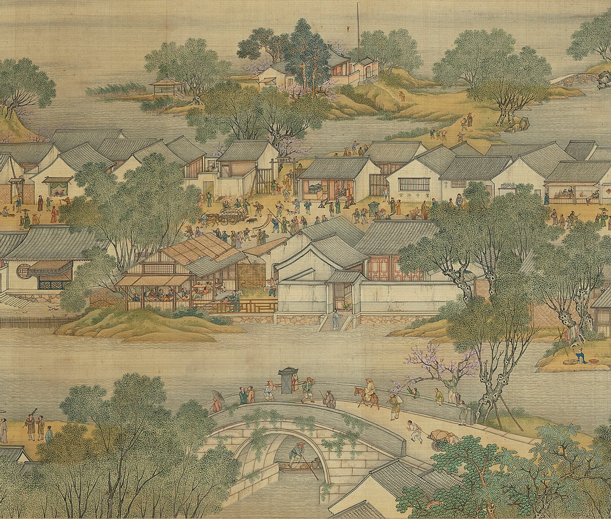 Langs de rivier tijdens het Qingming-festival, Qing-hofversie, handrol, 1736 door Qing Dynasty Chinese School