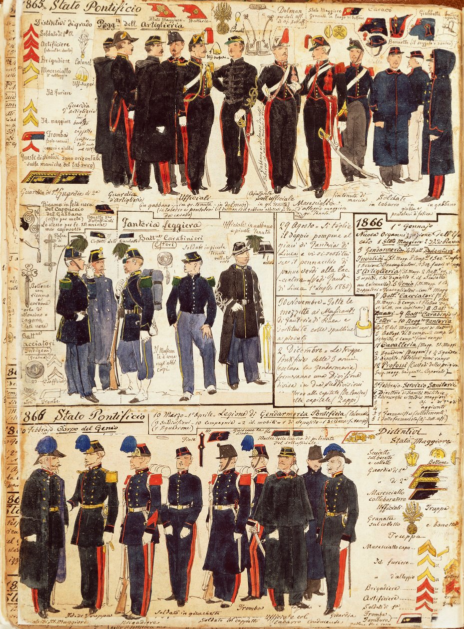 Verschillende uniformen van de Pauselijke Staten door Quinto Cenni
