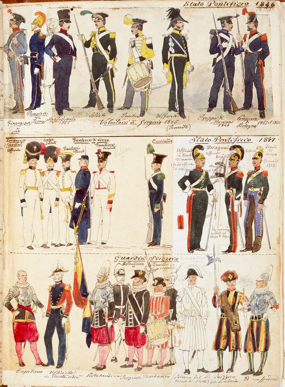 Verschillende uniformen van de Pauselijke Staten door Quinto Cenni