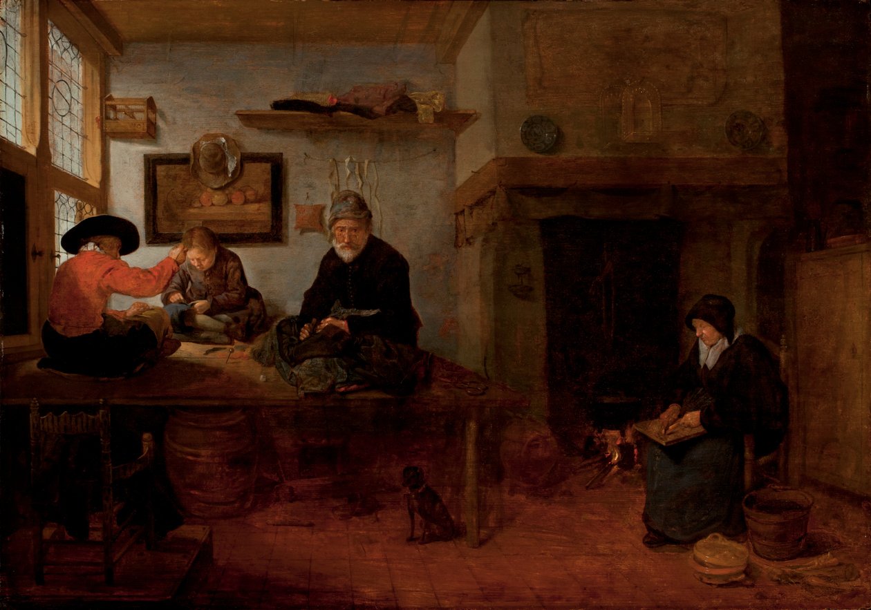 Het interieur van een kleermakerij door Quiringh Van Brekelenkam