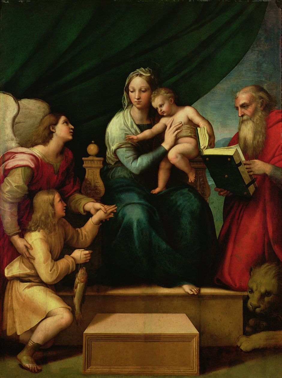 De Madonna van de Vis (De Madonna met de Aartsengel Gabriël en St. Hiëronymus) c.1513 door Raffaello Sanzio Raphael