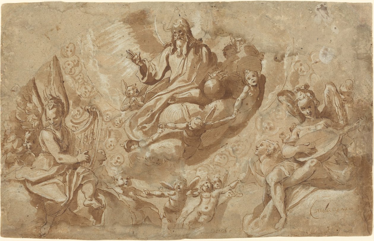 God de Vader en Engelen op Wolken door Raffaello Motta