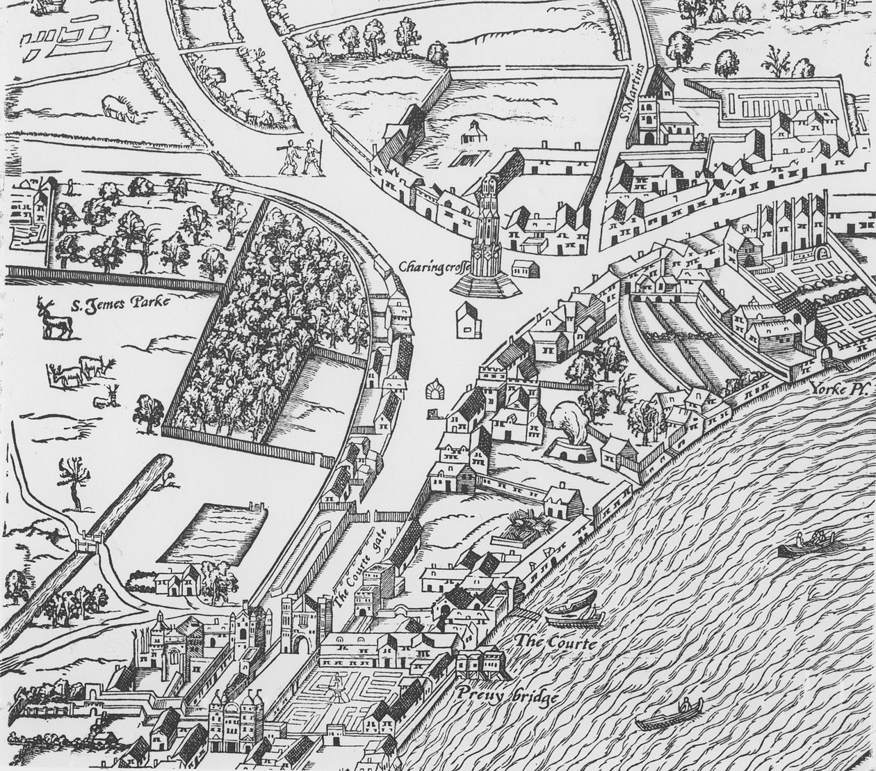 Detail van Charing Cross uit Civitas Londinium door Ralph Agas