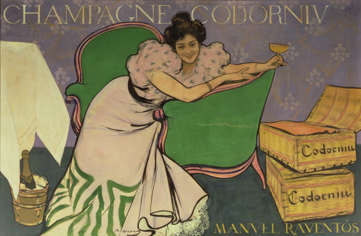Poster die Codorniu Champagne adverteert door Ramon Casas i Carbo