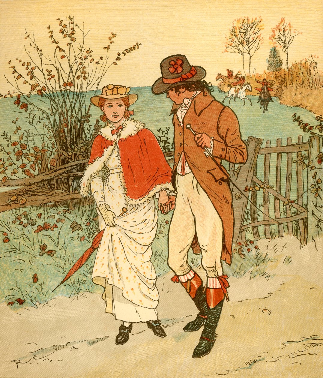 Twee jonge geliefden in een laan, ca. 1880 door Randolph Caldecott