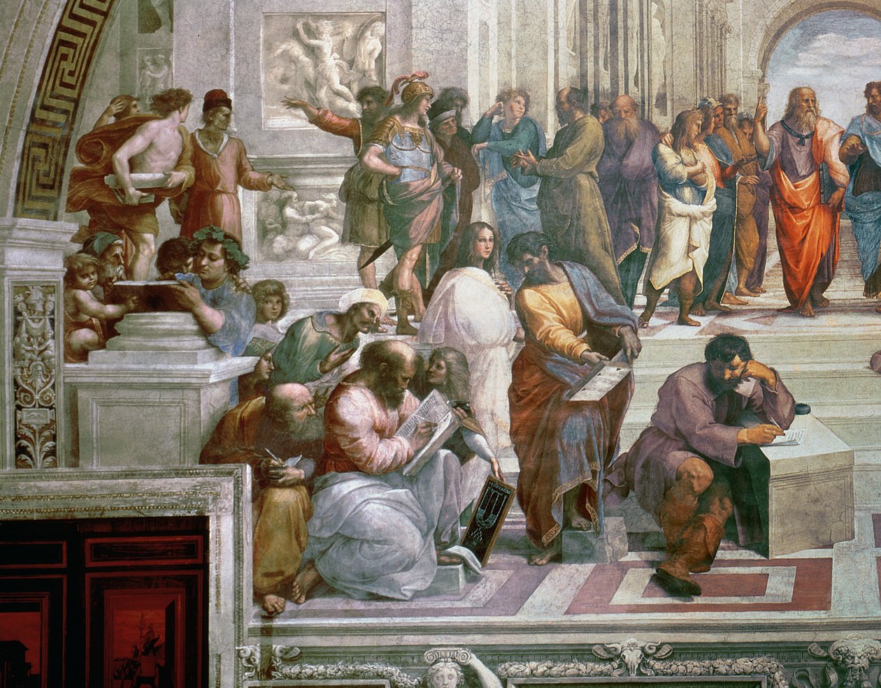 De School van Athene, detail van de linkerkant met Pythagoras omringd door studenten en Michelangelo (detail) door Raffaello Sanzio Raphael