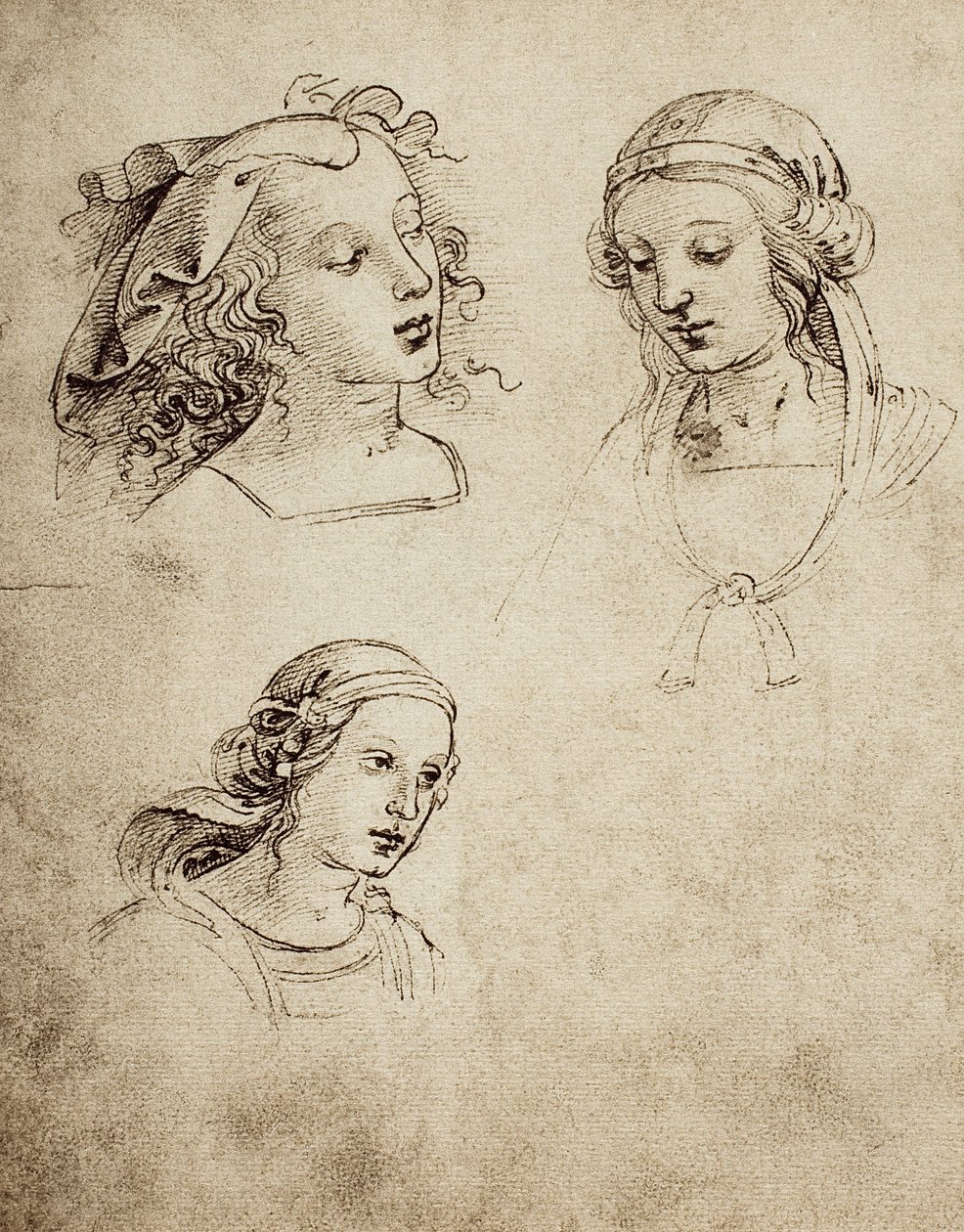 Studie voor drie vrouwelijke hoofden; tekening door Raphael door Raffaello Sanzio Raphael