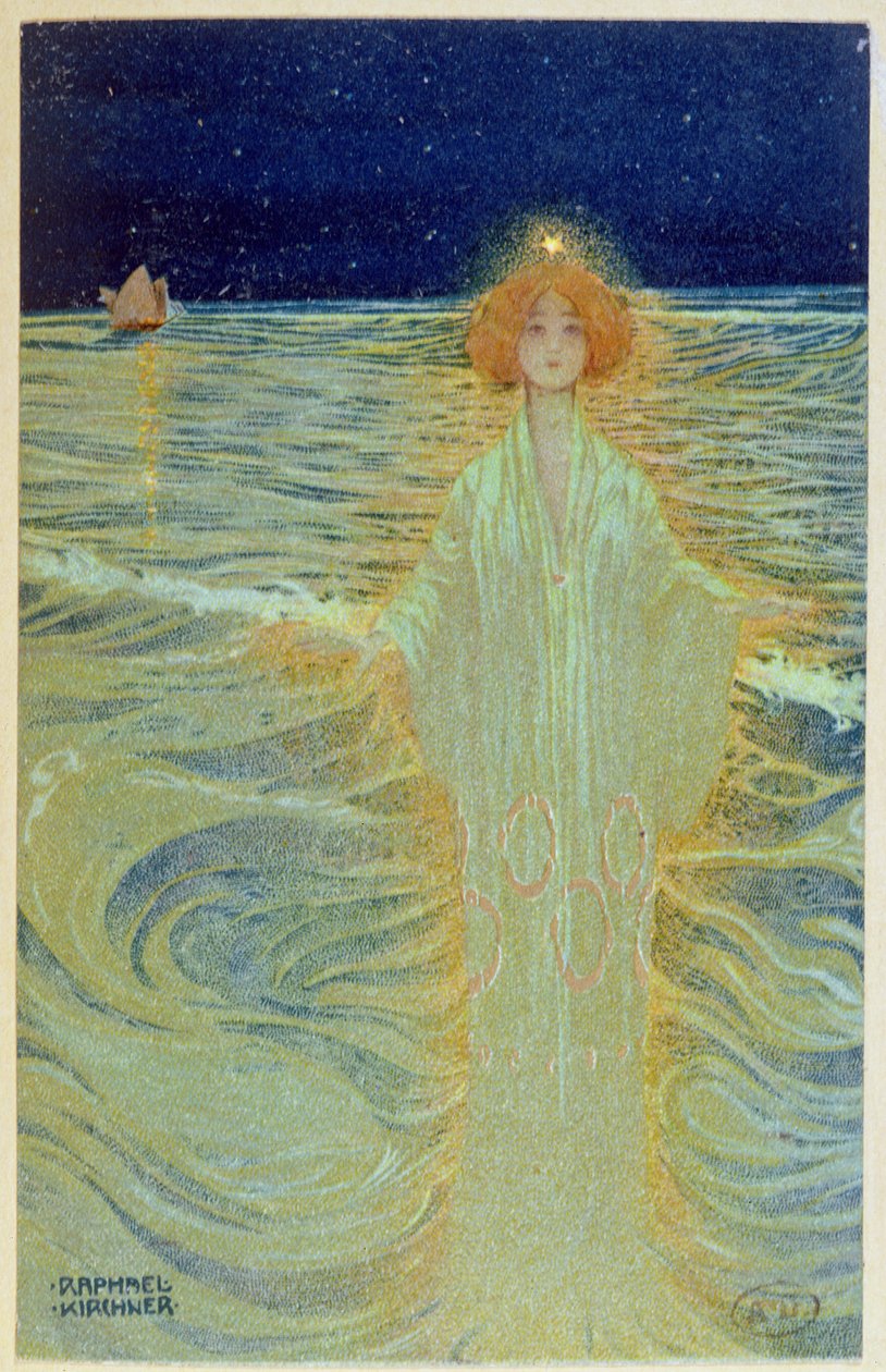Geest die boven de zee verschijnt tijdens de nacht, begin 20e eeuw door Raphael Kirchner