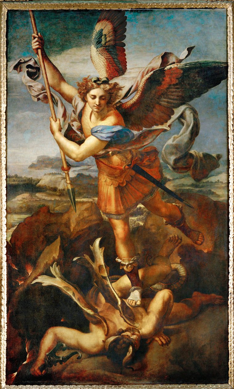 De aartsengel Michael die de demon ... door Raphael (1483 1520)