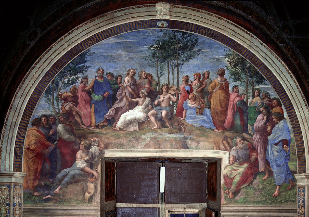 Parnassus, uit de Stanza della Segnatura door Raphael (1483 1520)