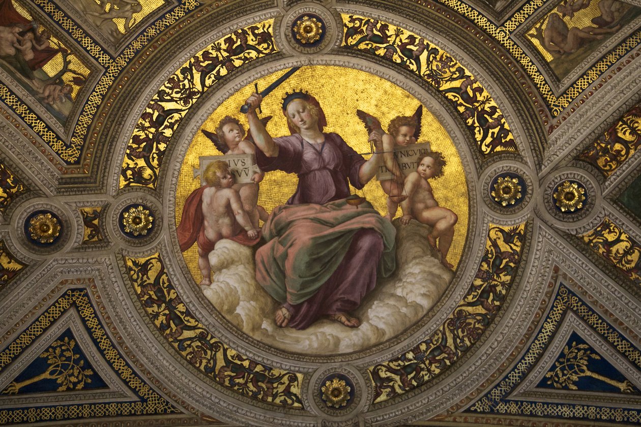 Vrouwe Justitia fresco in Stanza della Segnatura door Raffaello Sanzio Raphael