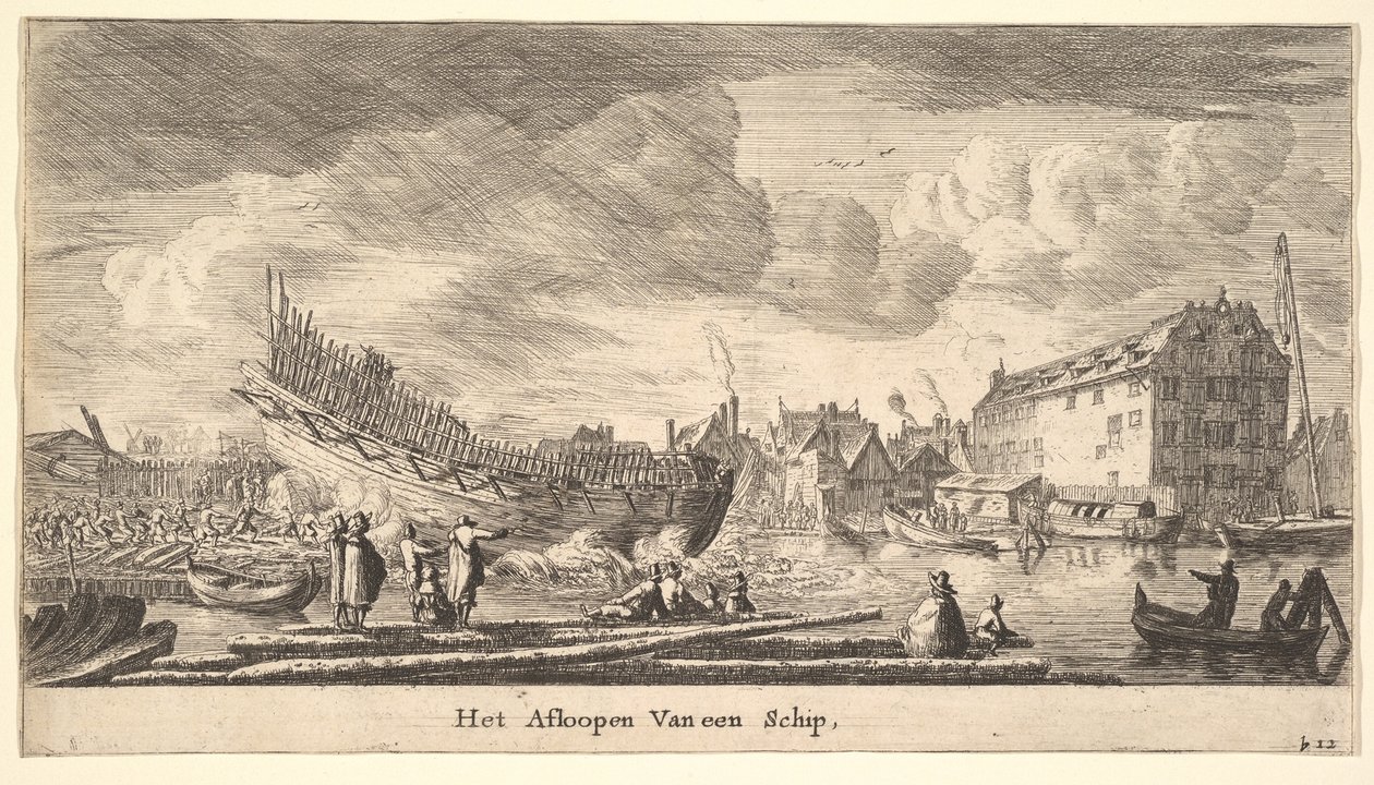 De tewaterlating van een schip, 17e eeuw door Reinier Zeeman