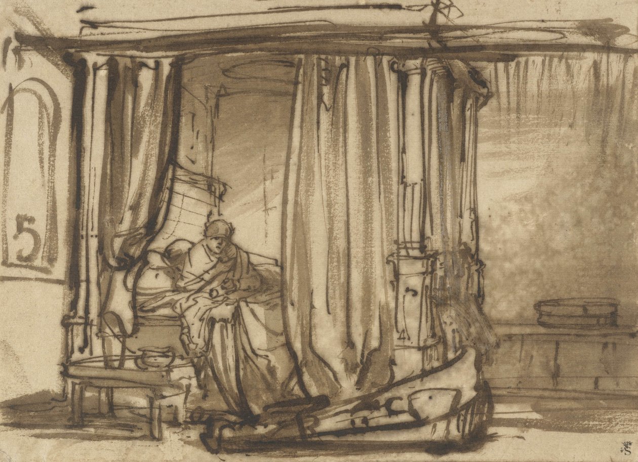 Slaapkamer met Saskia in bed, c.1638 door Rembrandt van Rijn